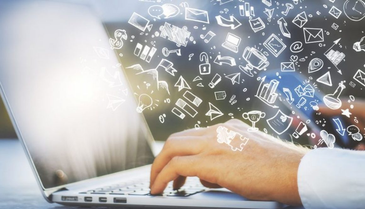 hand typing on laptop keyboard hand drawn icons floating over hand