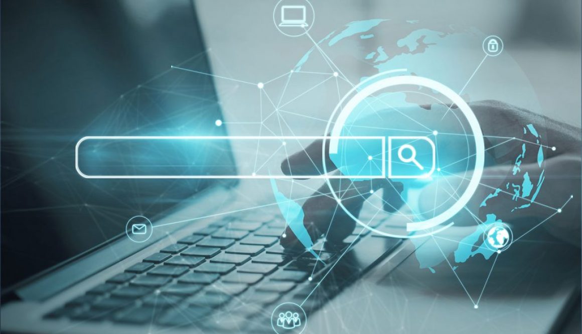 Laptop keyboard with search bar and globe