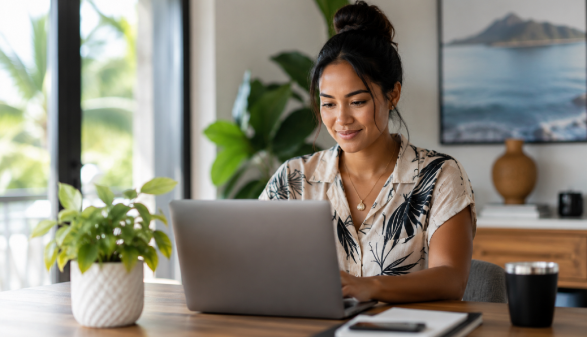 Young Hawaiian professional working on a laptop in a bright, modern office.