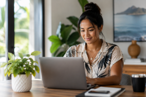 Young Hawaiian professional working on a laptop in a bright, modern office.