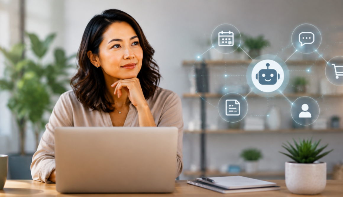 woman behind laptop with ai agent bot icons