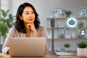 woman behind laptop with ai agent bot icons