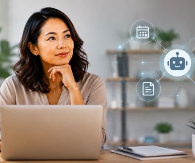 woman behind laptop with ai agent bot icons