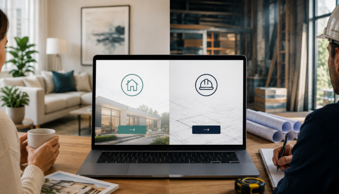 Homeowner and contractor viewing separate customer paths on the same business website.