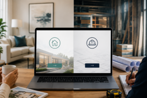 Homeowner and contractor viewing separate customer paths on the same business website.