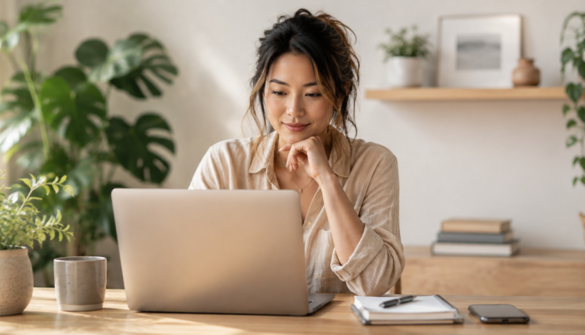 Young professional working on a laptop in a bright, modern home office.