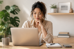 Young professional working on a laptop in a bright, modern home office.