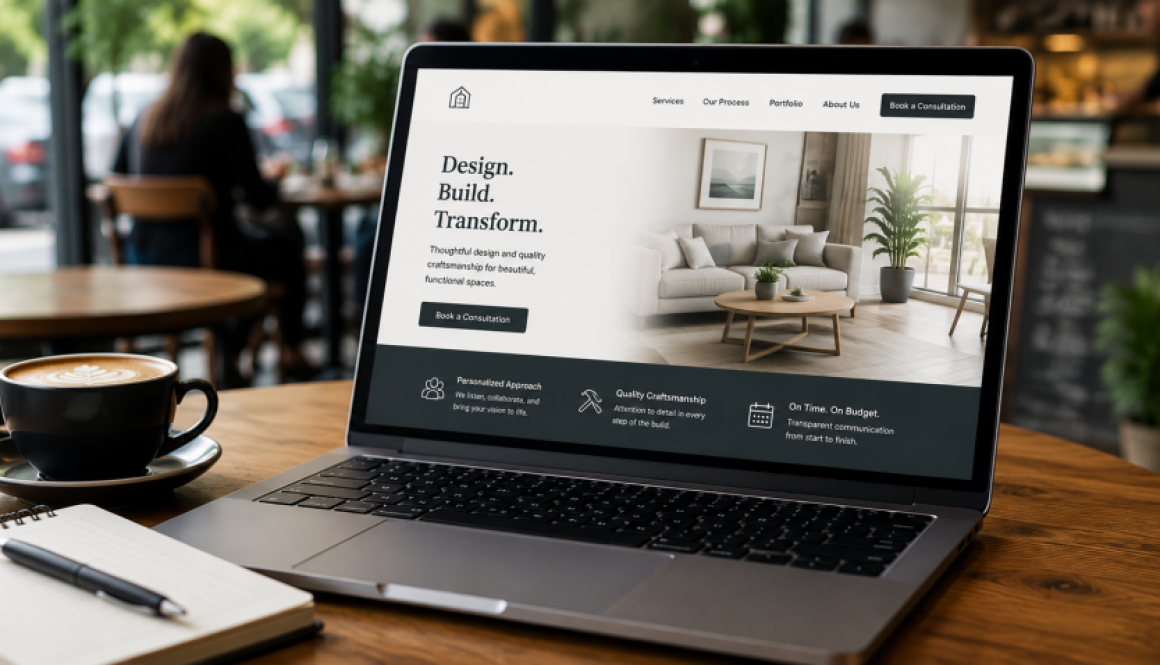 Laptop with landing page on table at coffee shop
