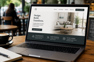 Laptop with landing page on table at coffee shop