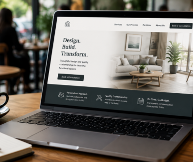 Laptop with landing page on table at coffee shop