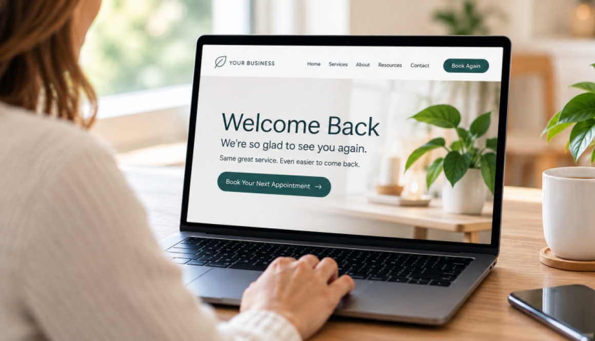Returning customer using a business website with a simple welcome back message and rebooking option.