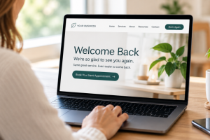 Returning customer using a business website with a simple welcome back message and rebooking option.