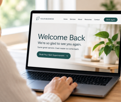 Returning customer using a business website with a simple welcome back message and rebooking option.