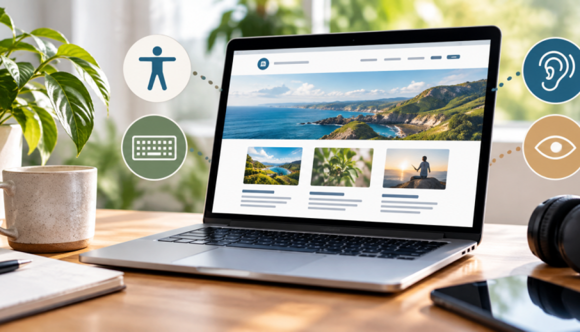 Laptop displaying a website with accessibility icons representing keyboard navigation, hearing support, vision, and inclusive design.