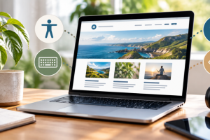 Laptop displaying a website with accessibility icons representing keyboard navigation, hearing support, vision, and inclusive design.