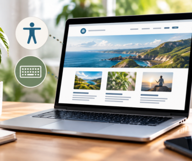 Laptop displaying a website with accessibility icons representing keyboard navigation, hearing support, vision, and inclusive design.