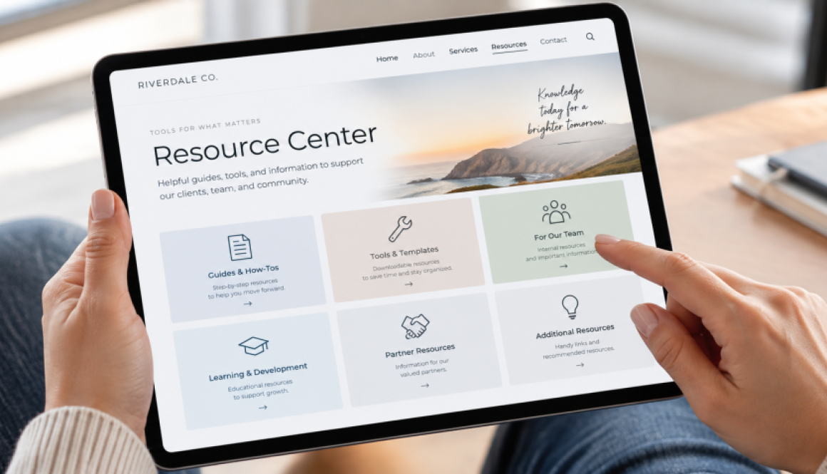 Person using a tablet to browse a website resource center with guides, tools, team resources, learning materials, and partner information.