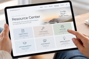 Person using a tablet to browse a website resource center with guides, tools, team resources, learning materials, and partner information.