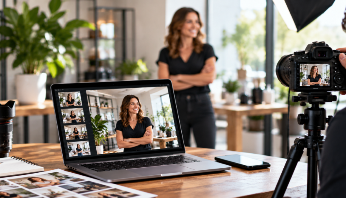 Photographer capturing a business owner during a professional branding photo shoot with a laptop displaying the finished website images.