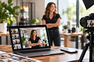 Photographer capturing a business owner during a professional branding photo shoot with a laptop displaying the finished website images.
