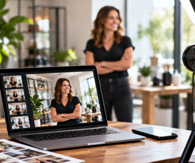 Photographer capturing a business owner during a professional branding photo shoot with a laptop displaying the finished website images.