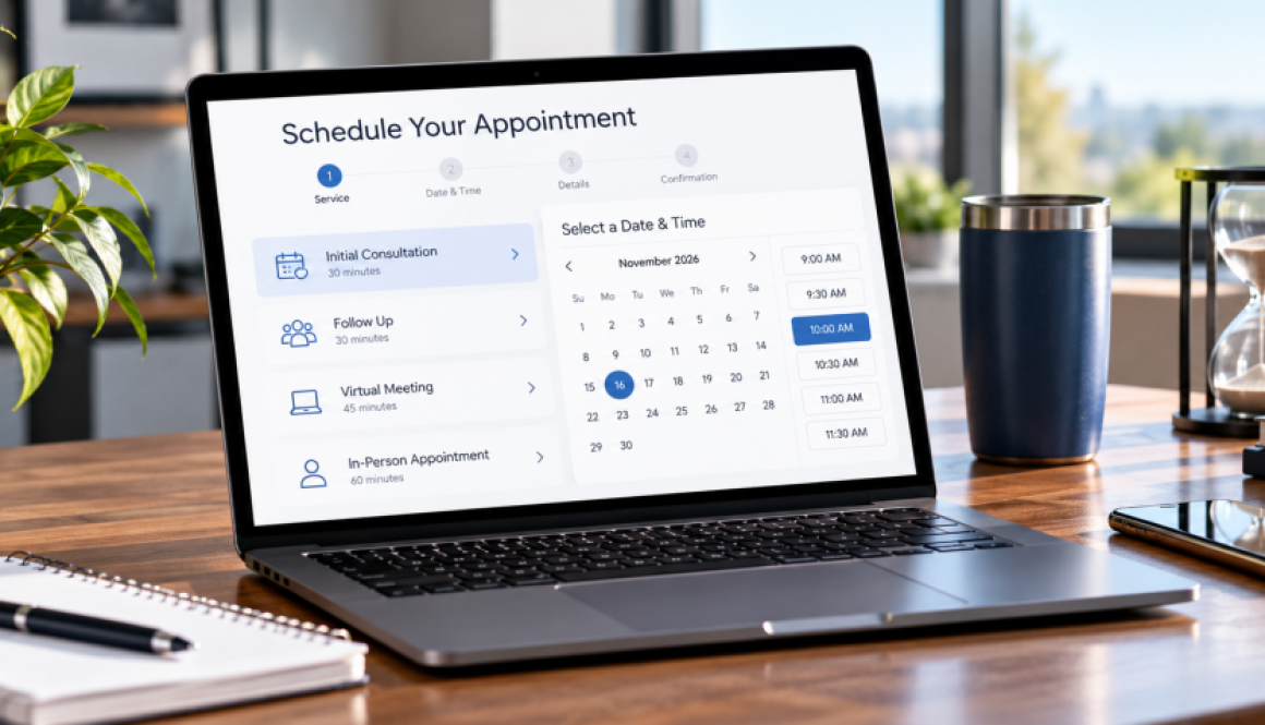 Laptop displaying an online appointment scheduling system with service options, a calendar, and available time slots.