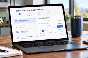 Laptop displaying an online appointment scheduling system with service options, a calendar, and available time slots.