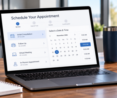 Laptop displaying an online appointment scheduling system with service options, a calendar, and available time slots.